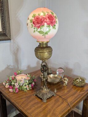 Rare 19th century Antique Gone with the wind Parlor Lamp 32"tall with Cherub